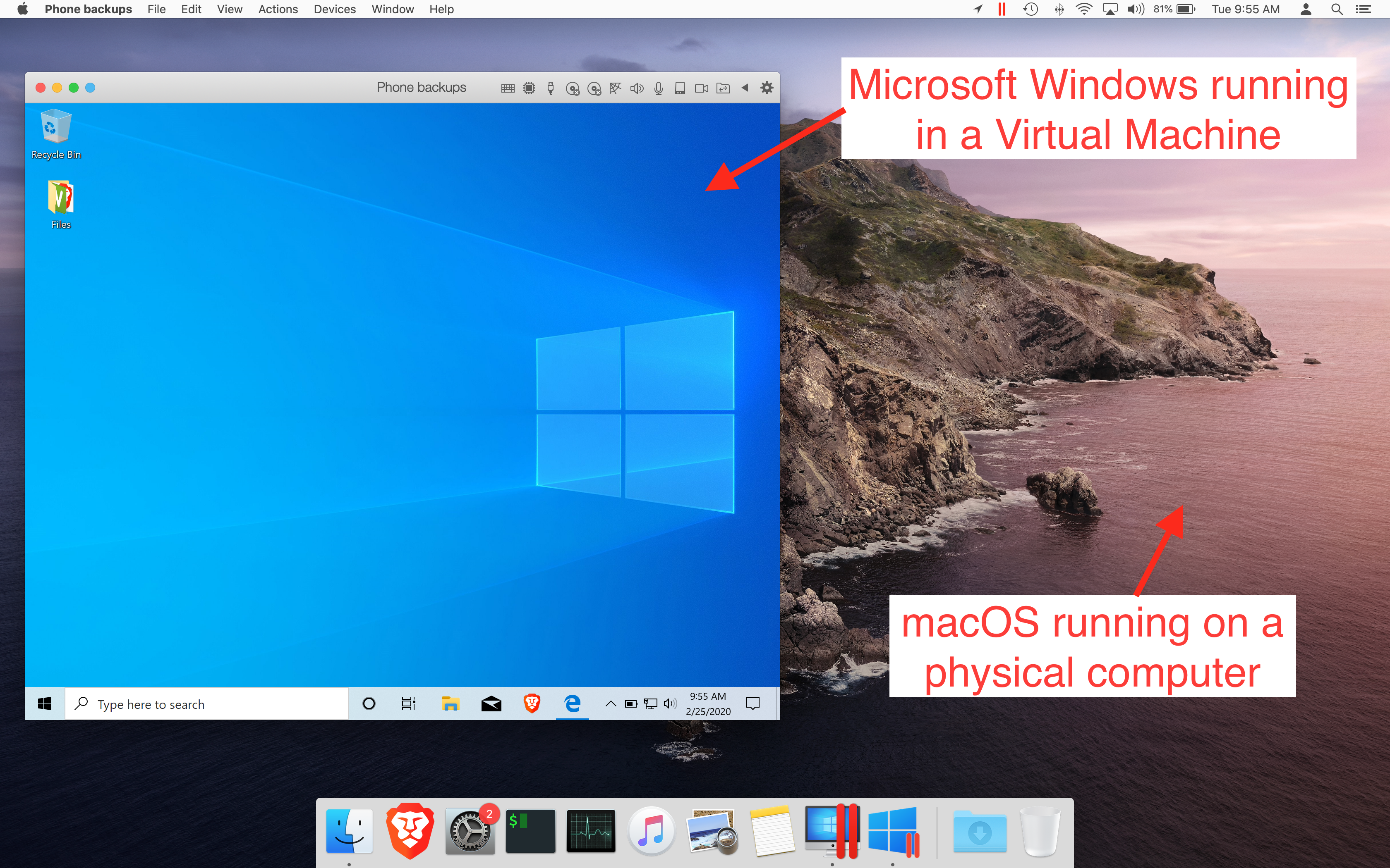 Image of Microsoft Windows running on a virtual machine, which is running on macOS, which is running on a physical compuetsr